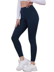 1 件冬季加厚保暖内衬女士打底裤，带斜口袋，柔软保暖纯色紧身裤 - 藏蓝色 - 查看 3