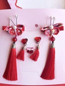 1入組兒童流蘇珍珠髮夾，節日用明亮紅色女孩頭飾，全手工製作禮盒風紅花頭飾 - 紅色 - 查看 3