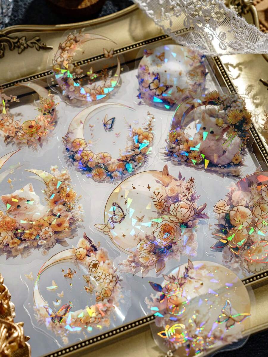 1pack/20pcs Luminous Ice Crystal Cat & Moon Decorated Pet Stickers, 3d Gold Laser Stickers - Multicolor - View 1