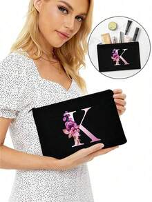 字母k和花卉圖案手提袋,輕巧可折疊拉鍊化妝包,多用途化妝包,便携洗漱袋,適用於女性旅行收納,化妝工具收納,適合作為禮物送給女孩子,聖誕節化妝收納包,手拿包,適合個人旅行化妝品收納 - 黑色 - 查看 2