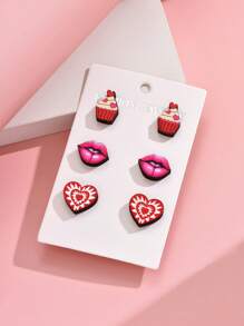 3對/組時尚女士耳環套裝,有心形、玫瑰、唇形、熊、信封等設計,非常適合約會和情人節禮物 - 彩色 - 查看 3