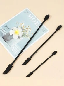 3pcs/Set Cosmetics Digging Spoon Set With Silicone Scraper, Miniature Spoons For Cream, Foundation, Liquid, Double-Ended Residual Spoon For Filling And Scrapping Tools - Black - View 5