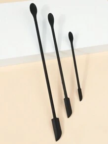 3pcs/Set Cosmetics Digging Spoon Set With Silicone Scraper, Miniature Spoons For Cream, Foundation, Liquid, Double-Ended Residual Spoon For Filling And Scrapping Tools - Black - View 3