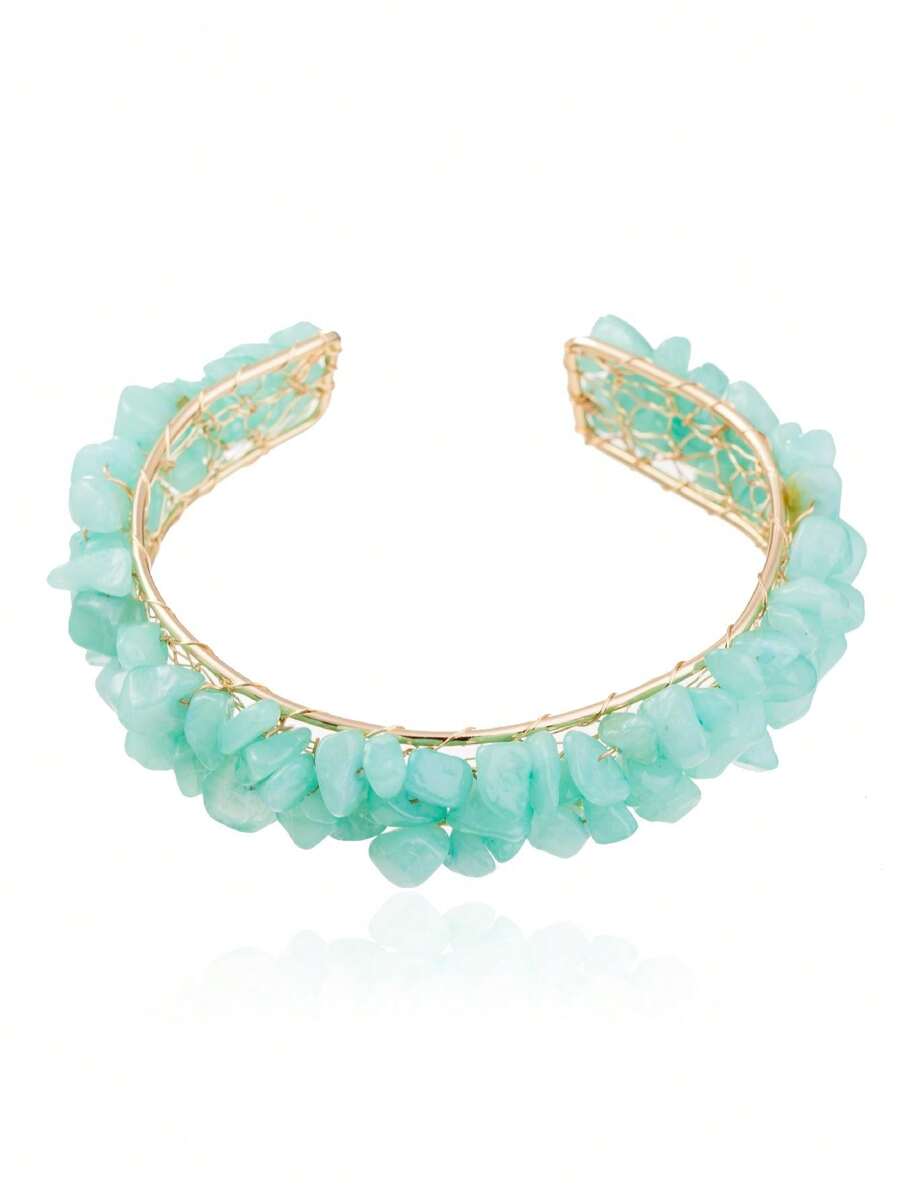 Handmade Natural Stone & Copper Wire Braided Stretchable Watchband Copper Bangle - Mint Green - View 1