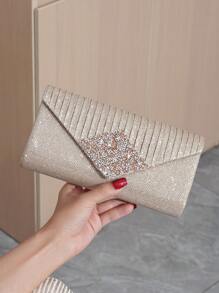 晚禮服手拿包,鑲有鑽石裝飾,適用於舞會,豪華女士手提包,配有肩帶和鏈帶 - 香檳色 - 查看 1