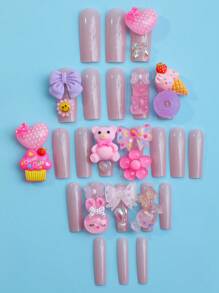 24入組長形狀貼式假指甲，超長貼式假指甲，特殊設計含3D熊、糖果、甜甜圈、蝴蝶結、心形、花卉、冰淇淋等，可愛亮麗壓克力甲，適合女性和女孩做禮物 - 彩色 - 查看 2