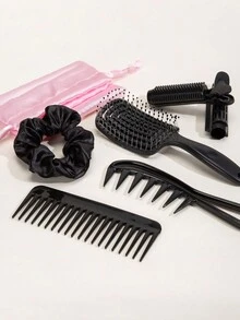 旅行/家居套裝，中空梳子，中空按摩梳，滾輪梳，圓梳，捲髮器，鱷魚夾，美髮夾，配有收納袋的髮刷 - 黑色 - 查看 5