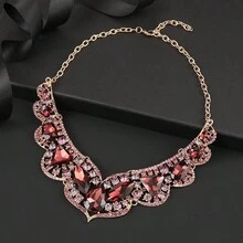 歐美風格誇張復古人造寶石新娘珠寶套裝,包括項鍊和耳環,完美適用於婚禮、正式場合或派對,非常華麗 - 紅色 - 查看 3