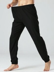 男款純色抽繩腰部慢跑褲,適合居家休閒 - 黑色 - 查看 3