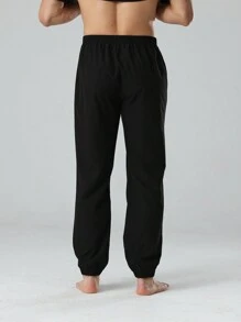 男款純色抽繩腰部慢跑褲,適合居家休閒 - 黑色 - 查看 2