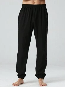 男款純色抽繩腰部慢跑褲,適合居家休閒 - 黑色 - 查看 4