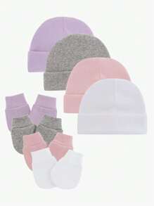 4sets Baby Hats And Mittens Infant Beanie Gloves NoScratch Set Newborn Hospital Hat For Boys Girls
