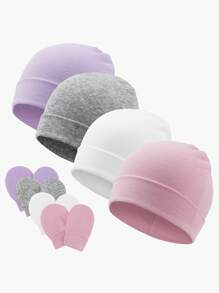 4sets Baby Hats And Mittens Infant Beanie Gloves NoScratch Set Newborn Hospital Hat For Boys Girls