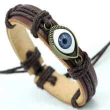 Eye Design Genuine Leather Braided Bracelet, Unisex Stretch Cowhide Cuff Bracelet - Brown - View 1