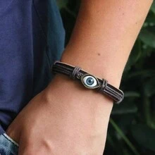 Eye Design Genuine Leather Braided Bracelet, Unisex Stretch Cowhide Cuff Bracelet - Brown - View 3
