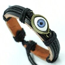 Eye Design Genuine Leather Braided Bracelet, Unisex Stretch Cowhide Cuff Bracelet - Brown - View 4