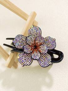 1 件女式藍色水鑽雙層花朵馬尾辮三齒夾髮夾時尚通勤派對禮物 - 藍色 - 查看 7