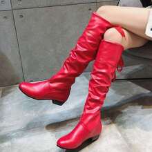 蝴蝶結裝飾女靴、高跟粗跟女靴、平底女靴子 - 紅色 - 查看 1