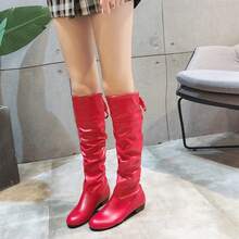 蝴蝶結裝飾女靴、高跟粗跟女靴、平底女靴子 - 紅色 - 查看 3