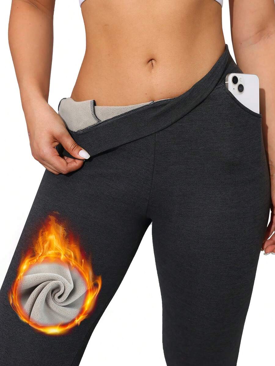 1 quần bó lót nhiệt cho nữ có túi xéo, quần legging dày mềm mại màu trơn ấm áp cho mùa đông - Xám - Xem 1