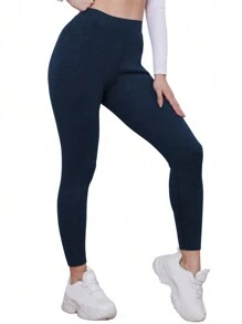 1 件冬季加厚保暖内衬女士打底裤，带斜口袋，柔软保暖纯色紧身裤 - 藏蓝色 - 查看 4