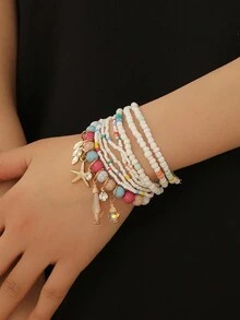 9pcs/Set Glass Beaded Ocean Themed Bracelet With Micro-Paved Cubic Zirconia Leaf, Starfish, Waterdrop Pendant, Suitable For Women'S Daily Wear - Multicolor - View 6