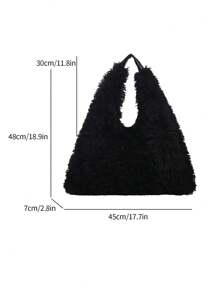 1只固色超大容量明亮絨毛袋,日常時尚單品,約會旅行手提袋 - 黑色 - 查看 6