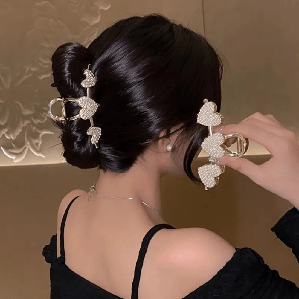 1只鑲嵌鑽石心形髮卡,適用於粗、細、捲曲髮質,是女性日常裝飾的完美選擇 - 金色 - 查看 1