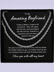 2 Pieces Silver Men's Minimalist Hip-Hop Fashion Stainless Steel Necklace Bracelet Set Blessing Paper Card Box Gift For Husband Man Boyfriend Other Half Gift - Silver - View 12