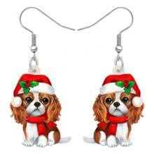 1 對壓克力可愛聖誕帽騎士查理王小獵犬狗耳環吊墜小狗寵物珠寶禮物適合女士女孩兒童狗愛好者 - 卡其色 - 查看 1