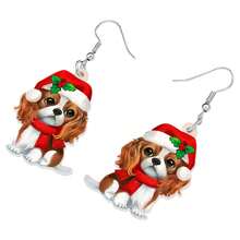 1 對壓克力可愛聖誕帽騎士查理王小獵犬狗耳環吊墜小狗寵物珠寶禮物適合女士女孩兒童狗愛好者 - 卡其色 - 查看 3