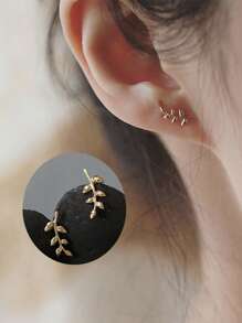 一對純簡約風S925銀可愛支樹葉金色耳環適合女士女孩時尚新潮微小耳朵耳釘日常生活首飾類禮品 - 金色 - 查看 2