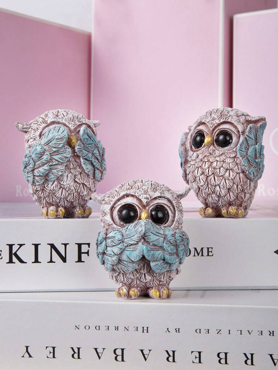 3 món đồ trang trí tượng cú sáng tạo "Không nhìn thấy điều ác, không nghe thấy điều ác, không nói điều ác" Quà tặng tốt nhất - Xám - Xem 1