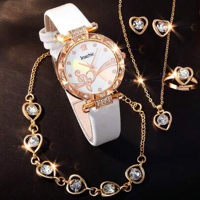 6 件优雅可爱的女孩白色皮革石英手表日常万能手表最佳水钻项链手链耳环戒指女孩的最佳礼物万圣节装饰圣诞礼物返校季