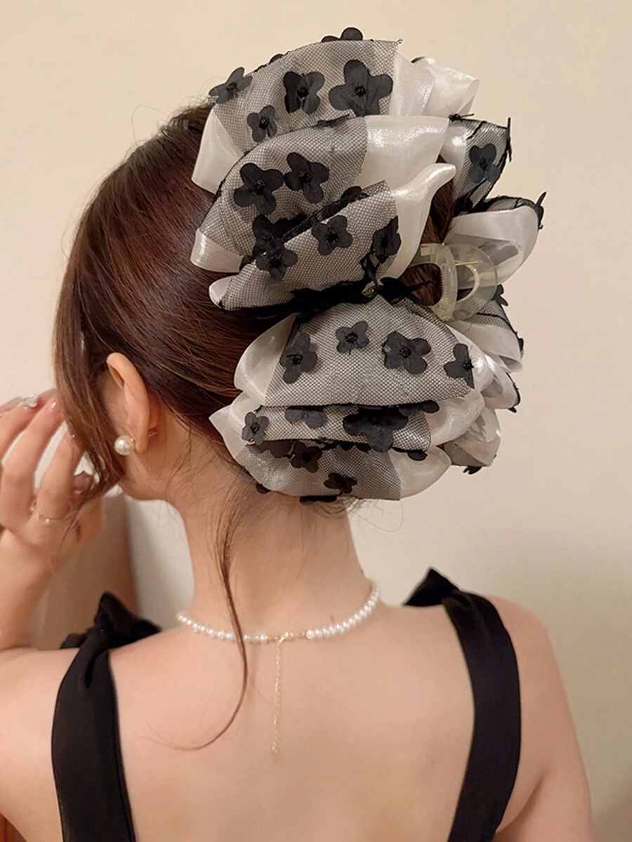 1pc Ladies' Colorblock Double Layer Mesh Flower & Lace & Bubble Gauze Bowknot Hair Claw Clip, Suitable For Daily Use - Black - View 1