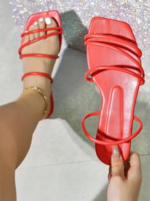 Women's Solid Color Slip-On Sandals, Open Toe, Flat, Roman Vintage, Fashionable And Versatile For Summer - Red - View 2