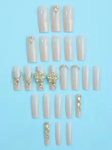 24pcs Luxury Extra Long Rectangular Nail Stickers, Decorated With 3D Golden Butterfly & Rhinestone Patterns, Champagne Warm Tones, Full Coverage, Suitable For Women, Girls, Parties, Dancing, Easy To Apply And Remove Nails Nail Supplies - Multicolor - View 3