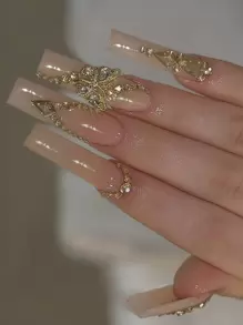 24pcs Luxury Extra Long Rectangular Nail Stickers, Decorated With 3D Golden Butterfly & Rhinestone Patterns, Champagne Warm Tones, Full Coverage, Suitable For Women, Girls, Parties, Dancing, Easy To Apply And Remove Nails Nail Supplies - Multicolor - View 2