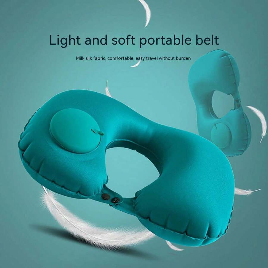1pc Press Type Inflatable U-Shaped Pillow, Travel Neck Pillow, Foldable And Portable With Plush Surface For Inflation - Green - View 1