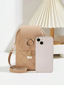 全新菱形刺绣手机袋零钱包单肩斜挎迷你包 - 卡其色 - 查看 4