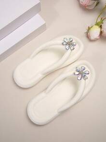 新款女用花卉設計露趾涼鞋,防臭沙灘人字拖 - 白色 - 查看 4