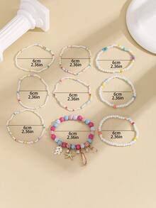 9pcs/Set Glass Beaded Ocean Themed Bracelet With Micro-Paved Cubic Zirconia Leaf, Starfish, Waterdrop Pendant, Suitable For Women'S Daily Wear - Multicolor - View 1