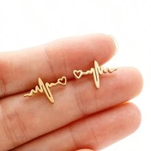 一对心形波浪耳钉黑色不锈钢心跳听诊器耳环女士医生配饰珠宝礼物