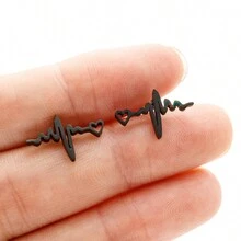 一对心形波浪耳钉黑色不锈钢心跳听诊器耳环女士医生配饰珠宝礼物