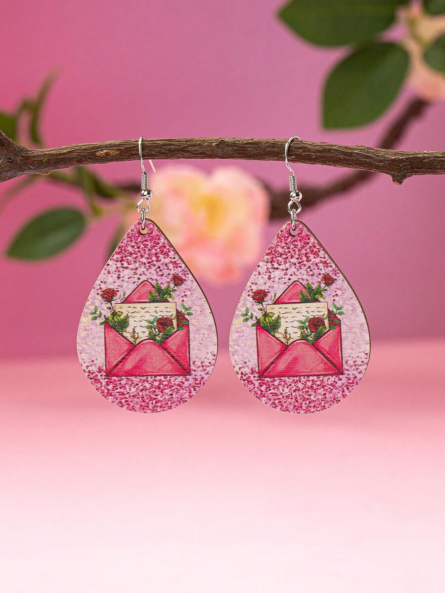 情人節浪漫粉色信封、心形氣球、牛頭、水滴形女士木製耳環,印花手繪圖案 - 彩色的 - 查看 1