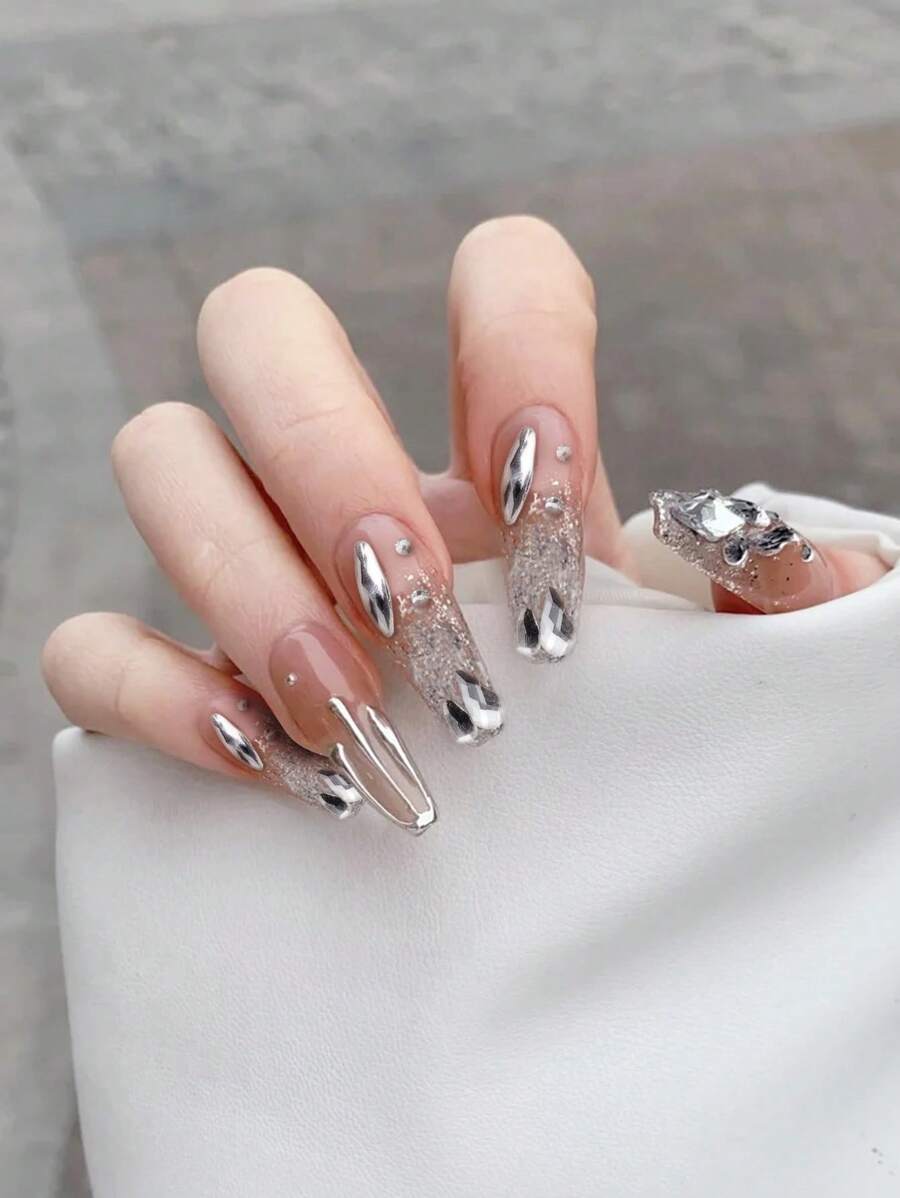 Get Glamorous With Immediately Enhance Your Look With A 24PCS Long Coffin-Shaped Nude Skin Sparkling Pink Hill Rhinestone Full Set Of European Style Nail Patches, Paired With A Piece Of Jelly And A Friction Strip Press On Nails Nail Supplies - Multicolor - View 1