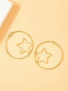 1 對時尚精製金屬星星、卡通臉和字母設計多功能耳環 - 金黃色 - 查看 3