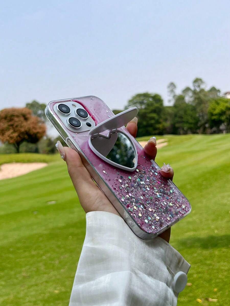 1个星空闪粉流沙镜面手机壳，兼容和安卓系统，防摔 - 粉色 - 查看 1