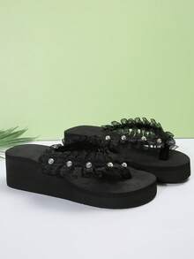 Women's Fashionable Wedge Heel Lightweight, Soft And Comfortable Sandals - Black - View 2