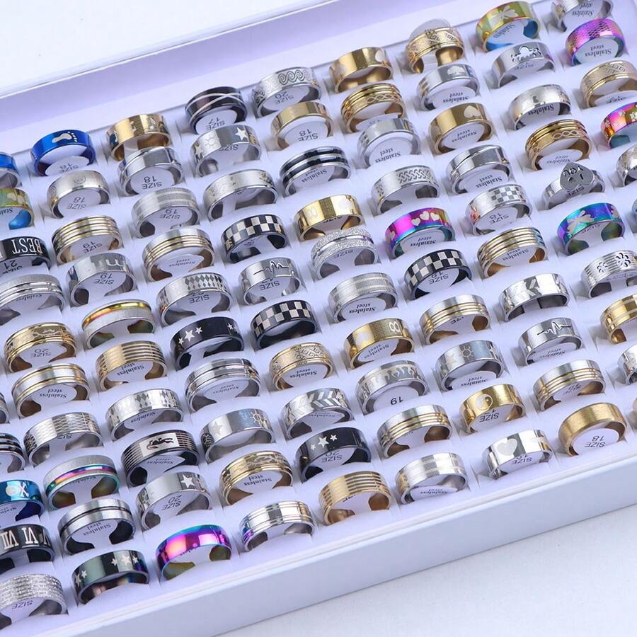 20 cái/gói Cổ điển Thép không gỉ Sọc Hình trái tim Nhẫn Với Viết chữ , Thích hợp Cho nam giới Như Hằng ngày Đồ trang sức Qủa tặng Hoặc Phụ kiện - Nhẫn hỗn hợp giá rẻ - Xem 1